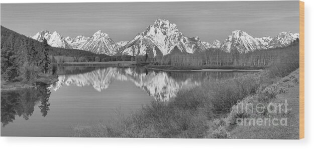Black And White Wood Print featuring the photograph Panoramic Reflections At Oxbow Black And White by Adam Jewell
