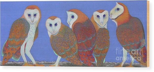 Barn Owls Wood Print featuring the pastel Parliament of Owls by Tracy L Teeter 