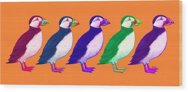 Puffins Apparel Design Wood Print featuring the painting Puffins Apparel Design by Teresa Ascone