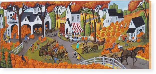 Folk Art Wood Print featuring the painting Pumpkin Festival - folk art landscape by Debbie Criswell