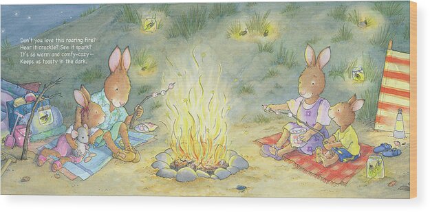 Sunny Bunnies Wood Print featuring the painting Roasting Marshmallows -- With Text by June Goulding