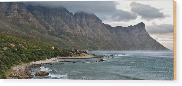 Landscape; Rocky; Coast- Line; Mountains; Morning Light; South Africa; Overberg; Atlantic Ocean; Stormy Weather; Dark Clouds; Panorama; Beach; Sand; Wood Print featuring the photograph Rocky Coast Line by Werner Lehmann