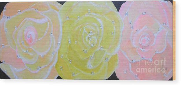 Rose Wood Print featuring the painting Rose Medley with Dewdrops by Karen Jane Jones