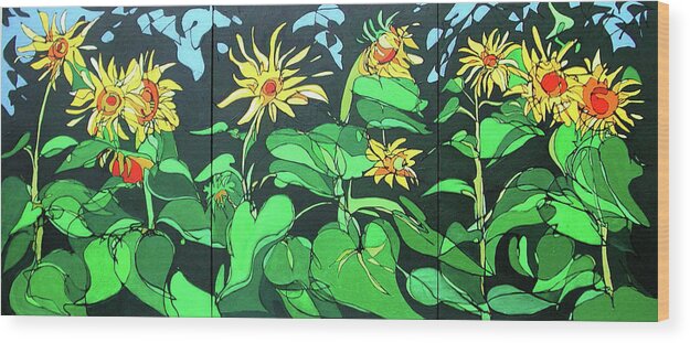 Sunflowers Wood Print featuring the painting Sun Flowers by John Gibbs