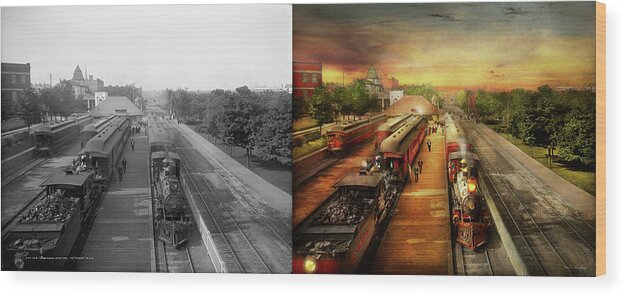 Train Art Wood Print featuring the photograph Train Station - The romance of the rails 1908 - Side by Side by Mike Savad