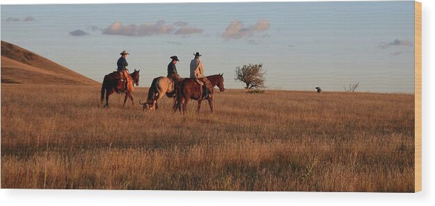 Cowboys Wood Print featuring the photograph We Ride At Dawn by Debra Sabeck