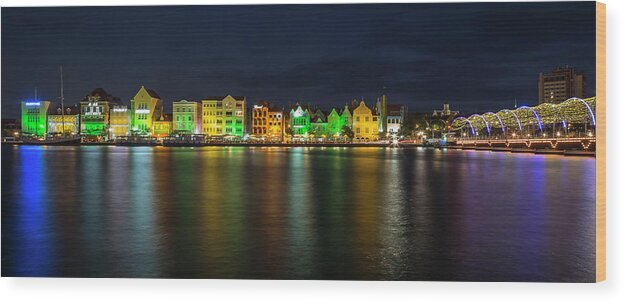 3scape Wood Print featuring the photograph Willemstad and Queen Emma Bridge at Night by Adam Romanowicz