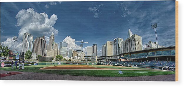Baseball Wood Print featuring the photograph Bbt Baseball Charlotte Nc Knights Baseball Stadium And City Skyl by Alex Grichenko