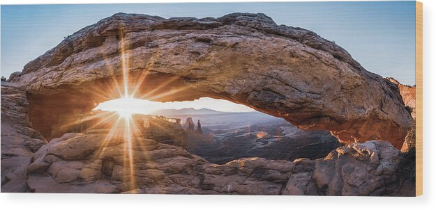 America Wood Print featuring the photograph Mesa Arch Panoramic Landscape - Canyonlands Utah Sunrise by Gregory Ballos