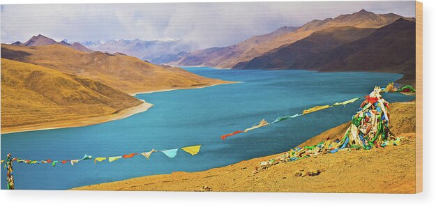 Tranquility Wood Print featuring the photograph Prayer Flags By Yamdok Yumtso Lake by Feng Wei Photography