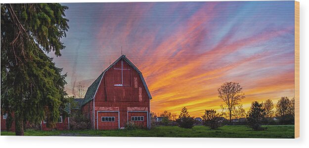 Red Barn At Sunset Wood Print featuring the photograph Red Barn At Sunset by Mark Papke