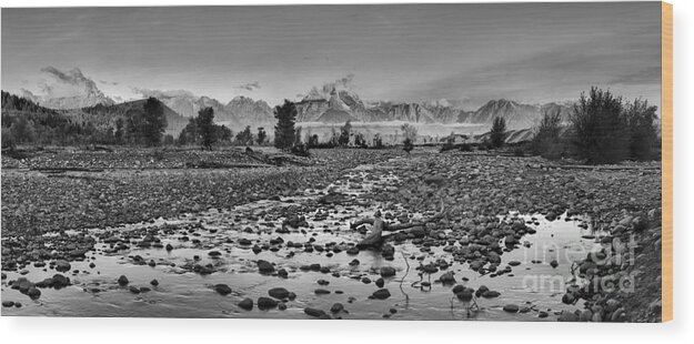 Grand Teton Wood Print featuring the photograph Spread Creek Sunrise Panorama Black And White by Adam Jewell