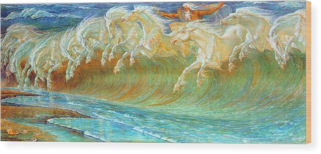 Walter Crane Symbolism Greek Mythology Neptune Poseidon Horses English Wood Print featuring the painting Neptune's Horses #1 by Walter Crane