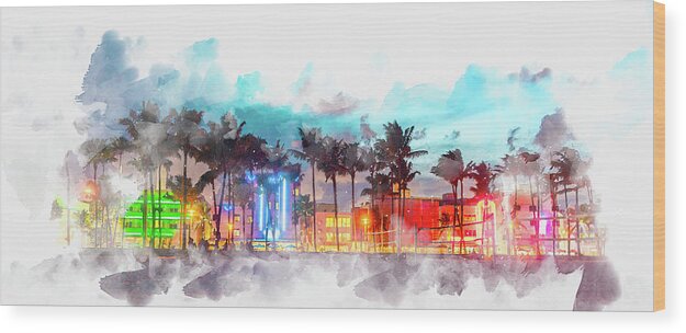 Watercolor Wood Print featuring the digital art Watercolor painting illustration of Miami Beach Ocean Drive panorama with hotels and restaurants at sunset by Maria Kray