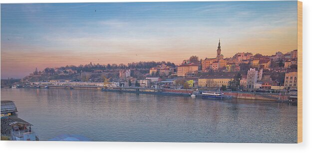 Belgrade Wood Print featuring the photograph Belgrade Danube river boats and cityscape panoramic view by Brch Photography