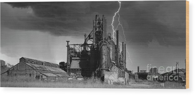 Bethlehem Steel Wood Print featuring the photograph Bethlehem Steel Ruins Blast Furnace USA BW by Chuck Kuhn