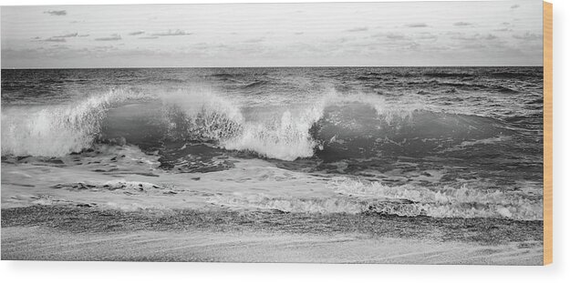 Wave Wood Print featuring the photograph Breaking Wave Panorama Black and White by Laura Fasulo