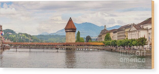 The Kapellbrücke Wood Print featuring the photograph Chapel bridge panorama shot in Old town Lucerne Switzerland by Dejan Jovanovic
