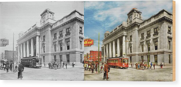 Chicago Wood Print featuring the photograph City - Chicago, IL - The Chicago Railway Station 1911 - Side by Side by Mike Savad