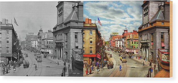 Fall River Wood Print featuring the photograph City - Fall River, MA - The City Hall on Main Street 1913 - Side by Side by Mike Savad