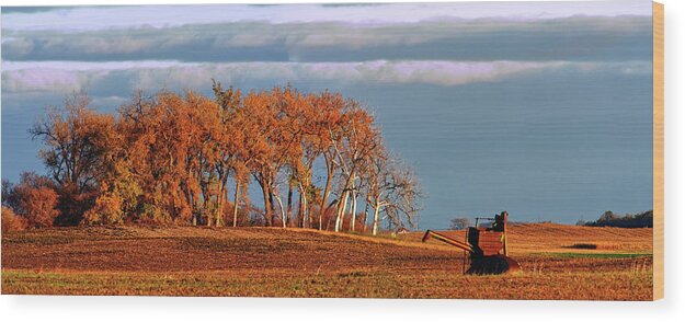 Combine Wood Print featuring the photograph Last Harvest Finished - abandoned combine in field with cottonwood grove by Peter Herman
