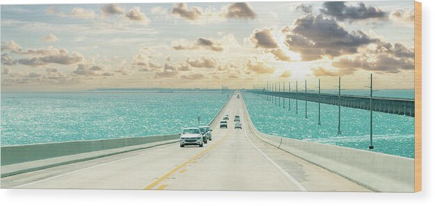 Florida Wood Print featuring the photograph Panorama of Road US1 to Key West over Florida keys by Maria Kray