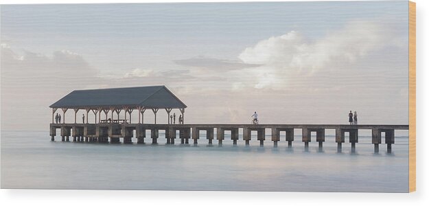 Bay Wood Print featuring the photograph Panorama of sunrise over Hanalei Pier on Kauai by Steven Heap