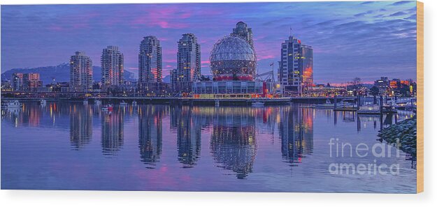 False Creek Wood Print featuring the photograph Science World Skyline by Michael Wheatley