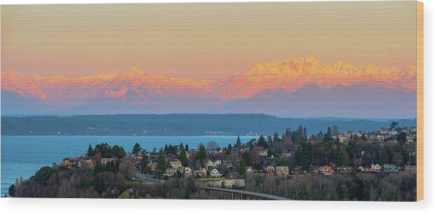 Sunrise; Dawn; Outdoor; Park; Marshall Park Wood Print featuring the digital art First light of Olympic Mountains from Betty Bowen viewpoint by Michael Lee