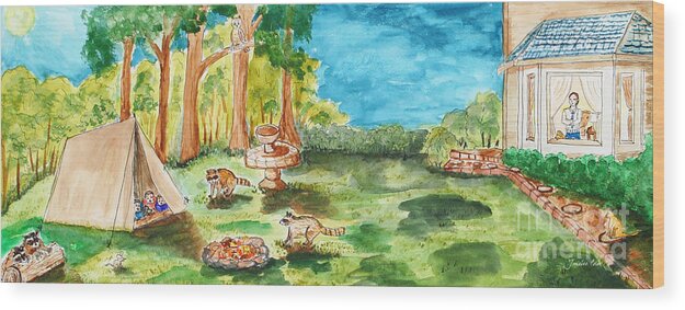 Watercolor Wood Print featuring the painting Back Yard Camp by Janis Lee Colon