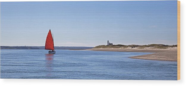 Sail Wood Print featuring the photograph Ripple Catboat with Red Sail and Lighthouse by Charles Harden