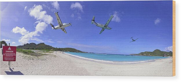 Airplane Wood Print featuring the photograph St Barts Takeoff Pano by Matt Swinden