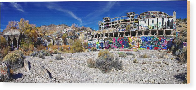 American Flat Wood Print featuring the photograph American Flat Mill Virginia City Nevada Panoramic by Scott McGuire