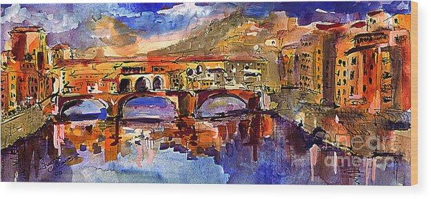 Italy Wood Print featuring the painting Florence Ponte Vecchio Merchant Bridge by Ginette Callaway