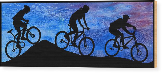 Bikers Wood Print featuring the digital art Mountain Bikers at Dusk by Jenny Armitage