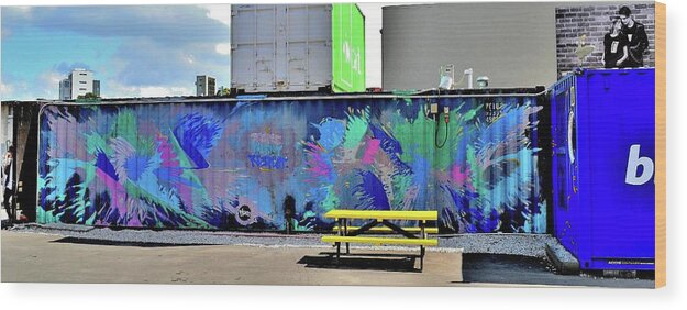 New Zealand. Graffiti. Container Graffiti. Colour. Colour Graffiti. Wood Print featuring the photograph New Zealand - Graffiti 2 - Conatiner - Boy and Slushie - Girl and Man by Jeremy Hall
