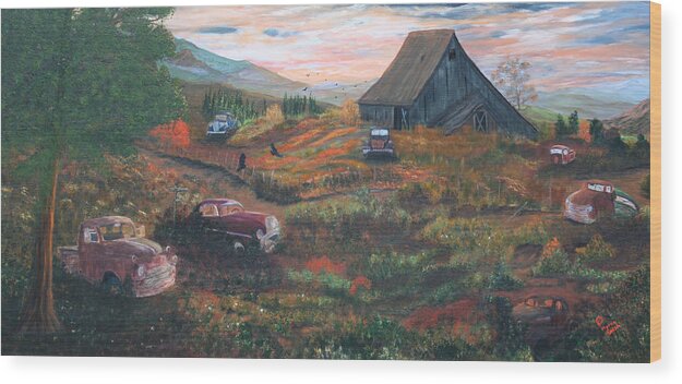 Old Cars In Painting Wood Print featuring the painting Weeds and Rust by Myrna Walsh