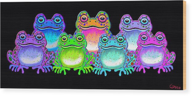 Frog Wood Print featuring the painting A colorful collection of spotted frogs by Nick Gustafson