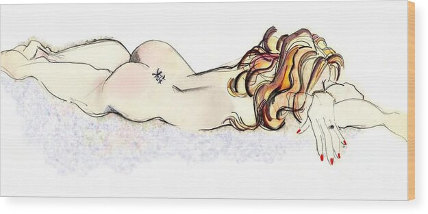Pinup Wood Print featuring the drawing Beth Has a Pretend Nap by Carolyn Weltman