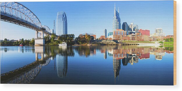 Scenics Wood Print featuring the photograph Nashville Skyline Reflected In The by Moreiso