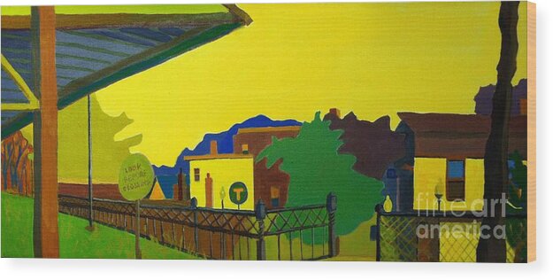 Landscape Wood Print featuring the painting Trainstop by Debra Bretton Robinson