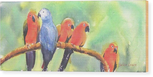 Birds Wood Print featuring the painting A New Slant on Life by Debbie Lewis