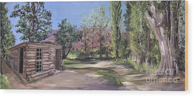 Landscape Wood Print featuring the painting Josie's Cabin by Nila Jane Autry