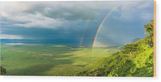 Double Wood Print featuring the photograph Ngorondgora Crater with double rainbow in Tanzania Africa by Ann Moore