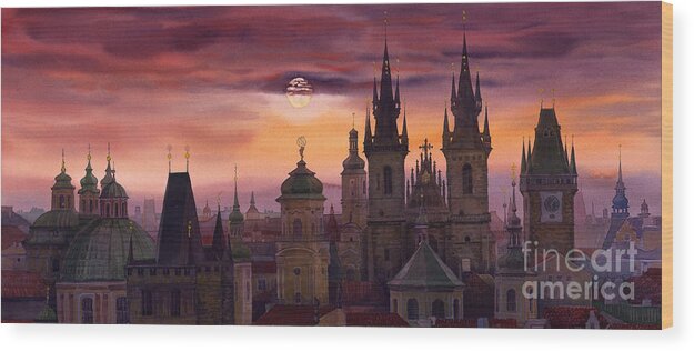 Cityscape Wood Print featuring the painting Prague City of hundres spiers by Yuriy Shevchuk