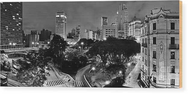 Sao Paulo Wood Print featuring the photograph Sao Paulo Downtown at Night in Black and White - Correio Square by Carlos Alkmin
