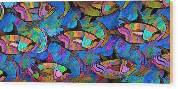 Modern Abstract Art Wood Print featuring the painting A Wall Of Fish by Joan Stratton