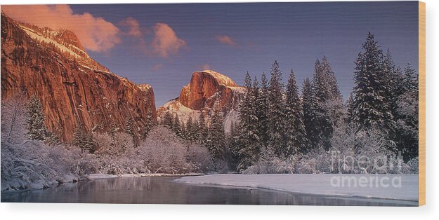 Dave Welling Wood Print featuring the photograph Panoramic Half Dome Merced River Winter Yosemite National Park by Dave Welling