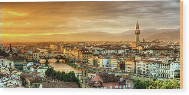 Florence Wood Print featuring the photograph Sunset in Florence duet 1 - Ponte Vecchio and Palazzo Vecchio by Weston Westmoreland