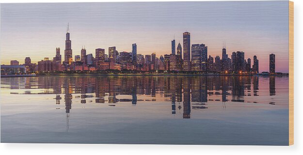 Illinois Wood Print featuring the photograph Sunset over city skyline Chicago from Observatory by Steven Heap